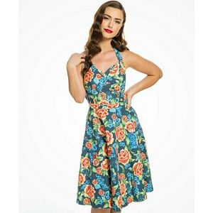 Lindy Bop Blue Orange Floral Halter Dress XS